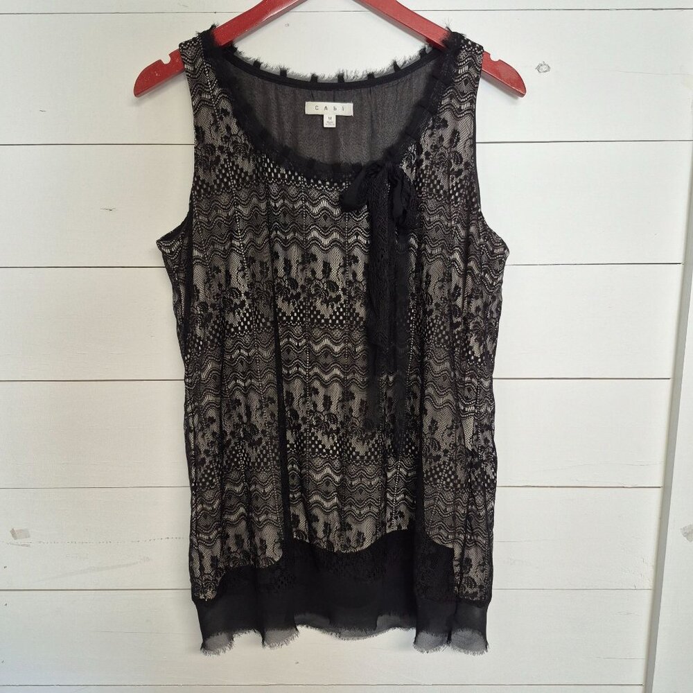Cabi Womens Black Lace Sleeveless Top‎ W/ Bow Detail Size M
